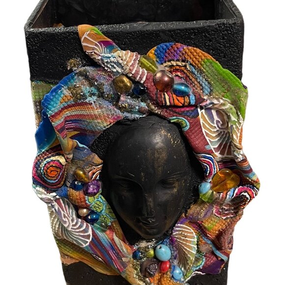 Collage Art Glass Vase Face Amid Multi-colors and Beads Stamped on Bottom - Picture 1 of 10